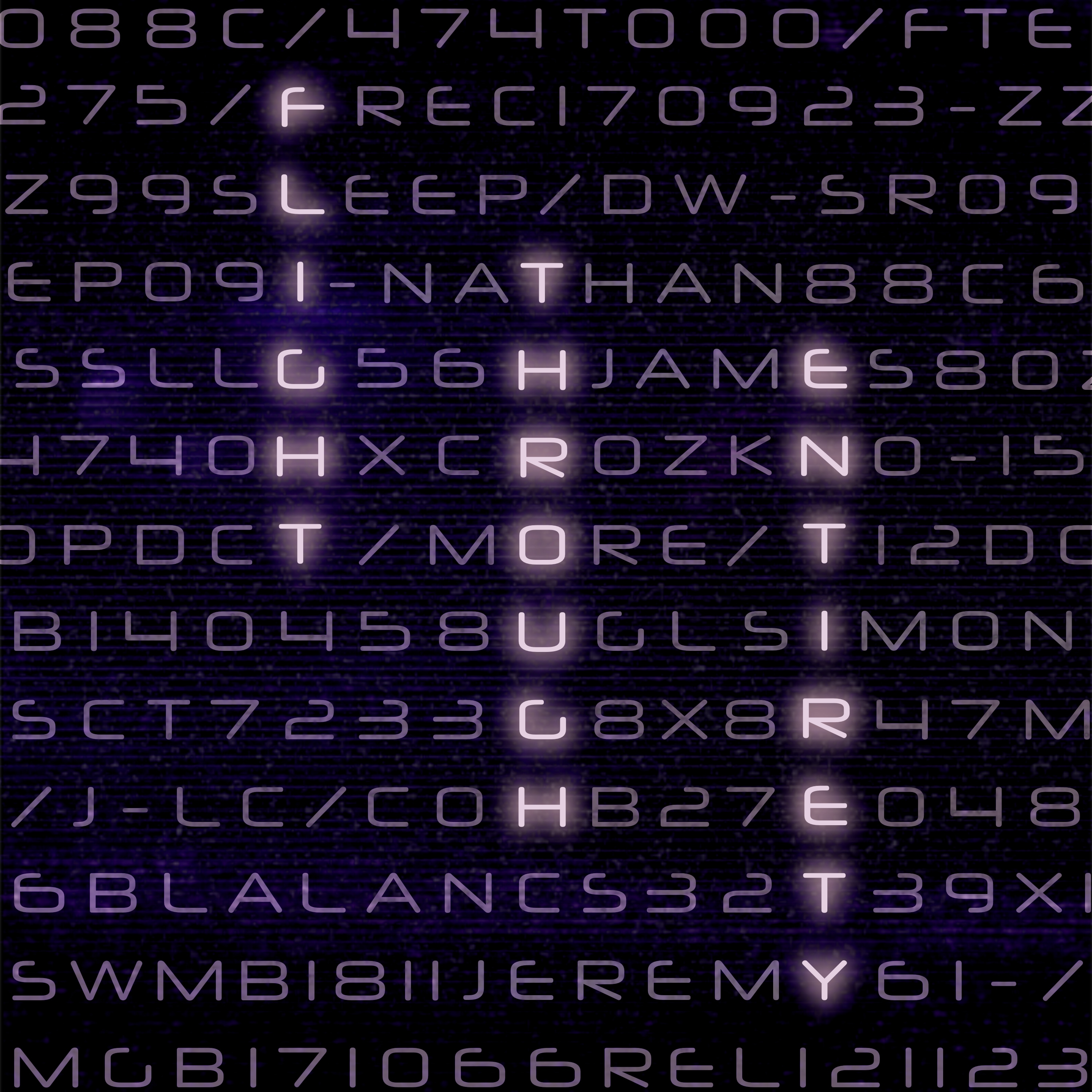 Dark glowing purple computer text in a grid, apparently consisting of random letters and numbers. Some of the letters are brighter, spelling out Flight Through Entirety vertically in well-spaced columns.