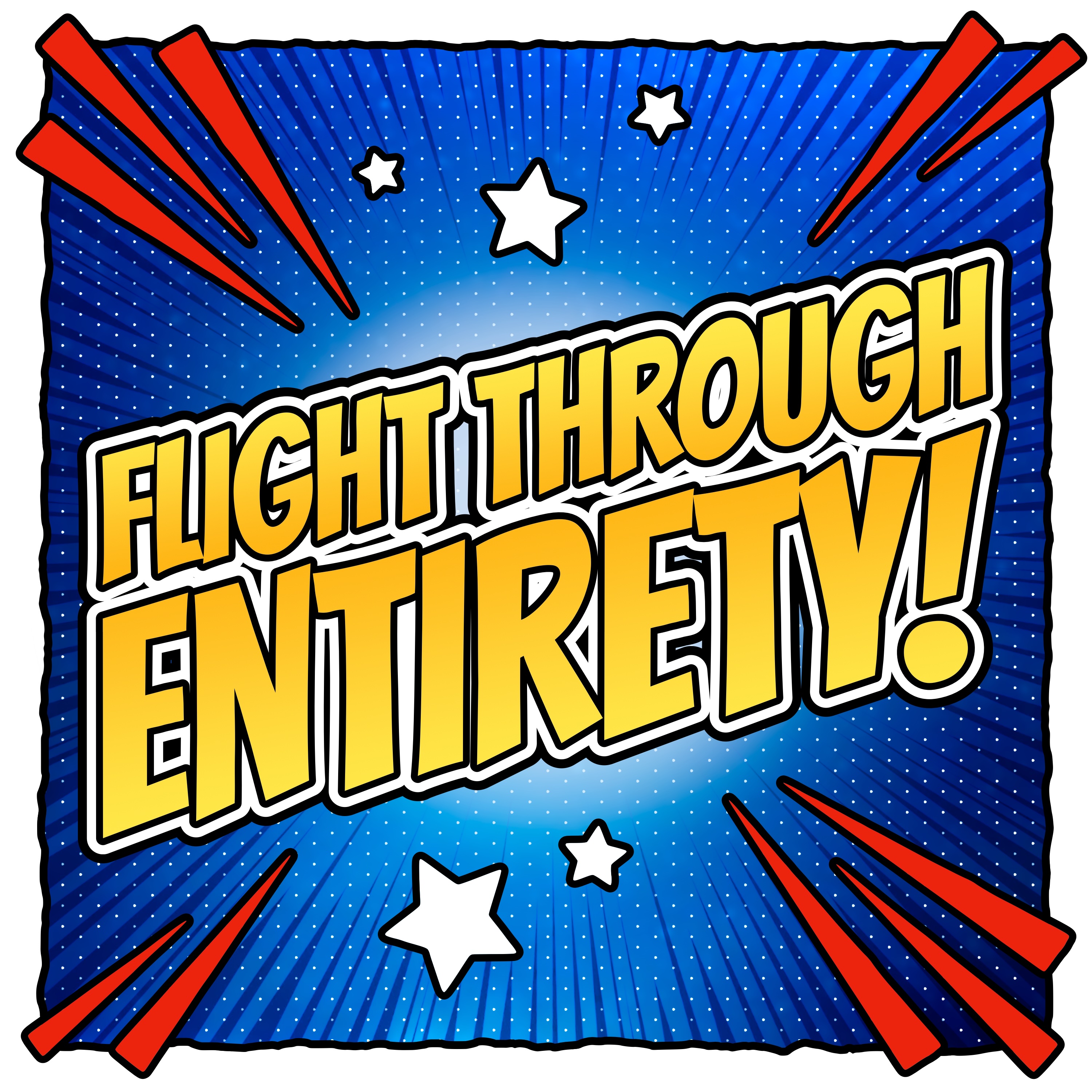 An exciting comic-book style logo  in yellow and red against a blue background.