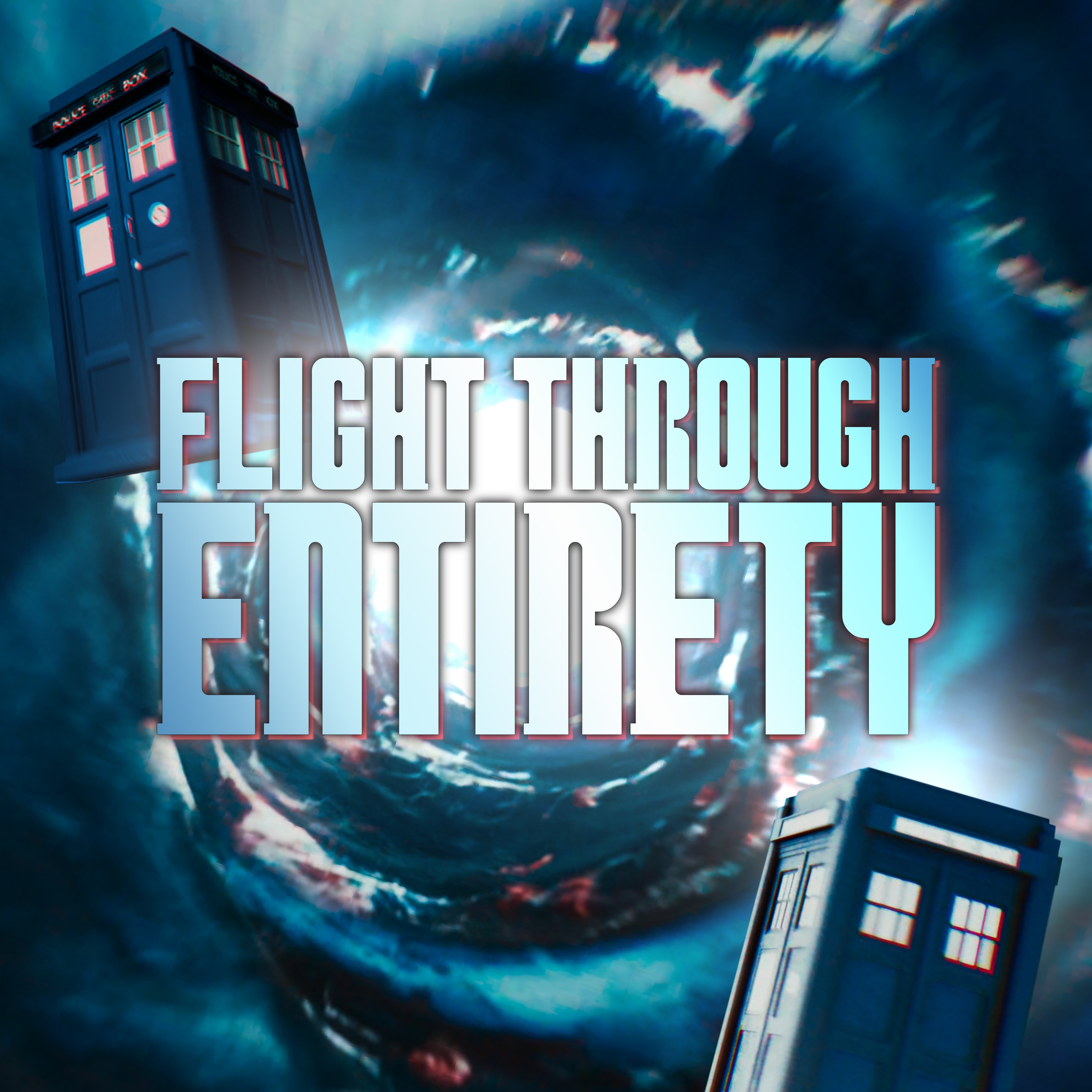 A logo done in the style of the Moffat Era Doctor Who logo, on a swirly time tunnel effect from the opening titles of Series 10, with a slight red shift and two prominent TARDISes.