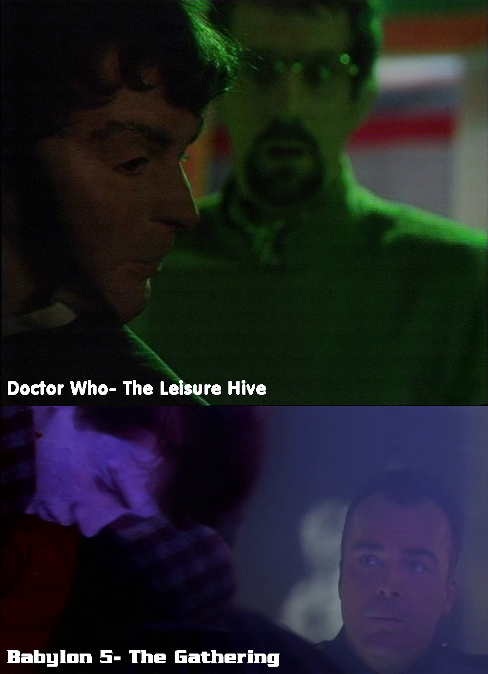 Top: A shot from The Leisure Hive where Stimpson discovers the rubber suit  a Foamasi has been wearing to impersonate Klout. Bottom: A similar shot where a character from Babylon 5 discovers something similar.