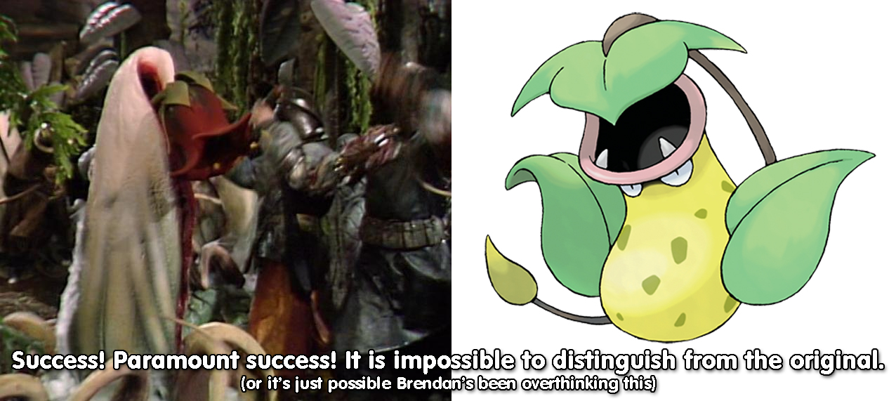 Left: some Gaztaks are attacked by a foam rubber plant on the planet Tigella. Right: a weird cartoon Pokémon that looks like a pitcher plant