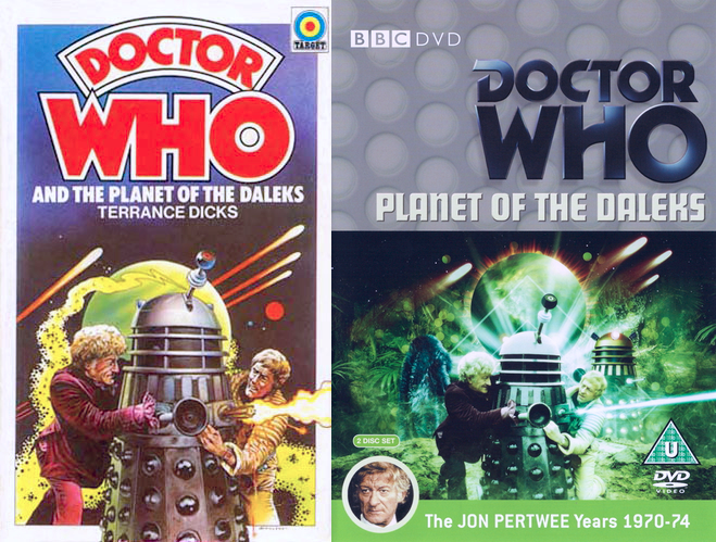 The covers of the Planet of the Daleks novelisation and DVD release, both featuring the Doctor and a Thal grappling with a Dalek