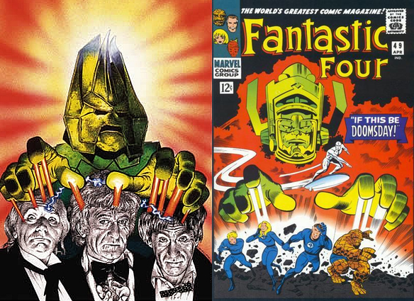 The original cover of The Three Doctors with Omega's fingers shooting rays at the three Doctors and the cover of a Fantastic Four comic with some helmeted villain's fingers shooting rays at the Four