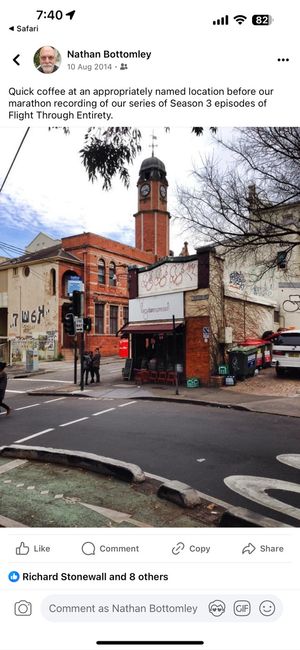 Screenshot of a Facebook post by Nathan. There's an image of an inner-city café called the Varga Bar: Nathan's post says 'Quick coffee at an appropriately named location before our marathon recording of our series of Season 3 episodes of Flight Through Entirety.'