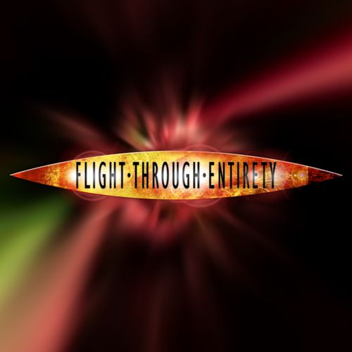 A logo done in the style of a the sign on top of a London taxi, on a background of red and yellow swirls from the opening credits of The Christmas Invasion.
