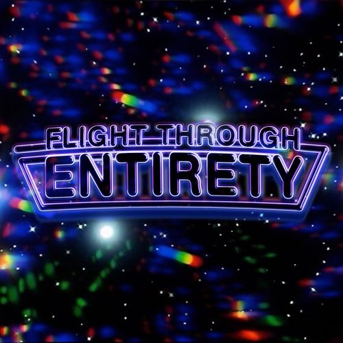A purple neon logo on a rainbow starfield background, based on the Doctor Who opening titles for the Colin Baker Era.