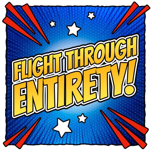 An exciting comic-book style logo in yellow and red against a blue background.